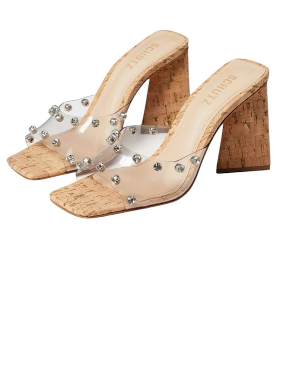 NWT SCHUTZ Lizah Cork Block Heel Mules with Clear Studded Strap 9.5B